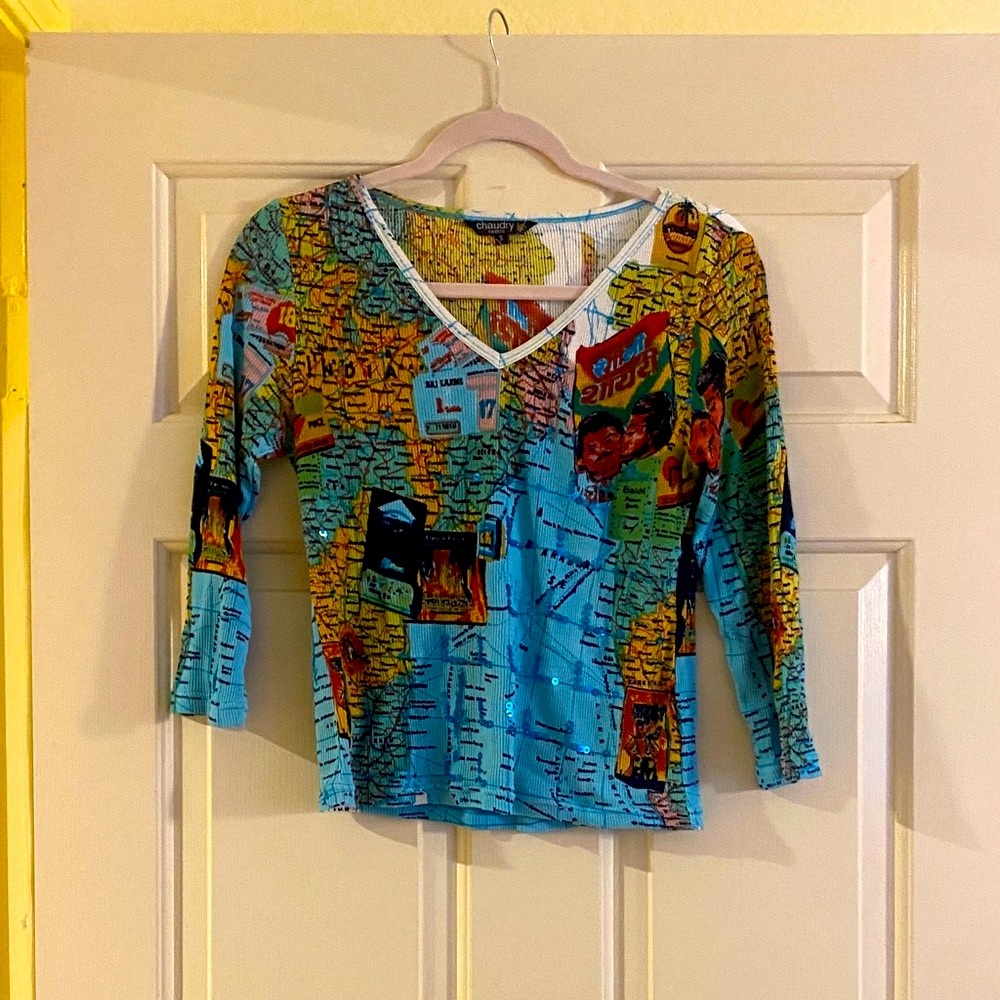 NWOT Chaudry KC Colorful Map Print Women's Blouse, Size S